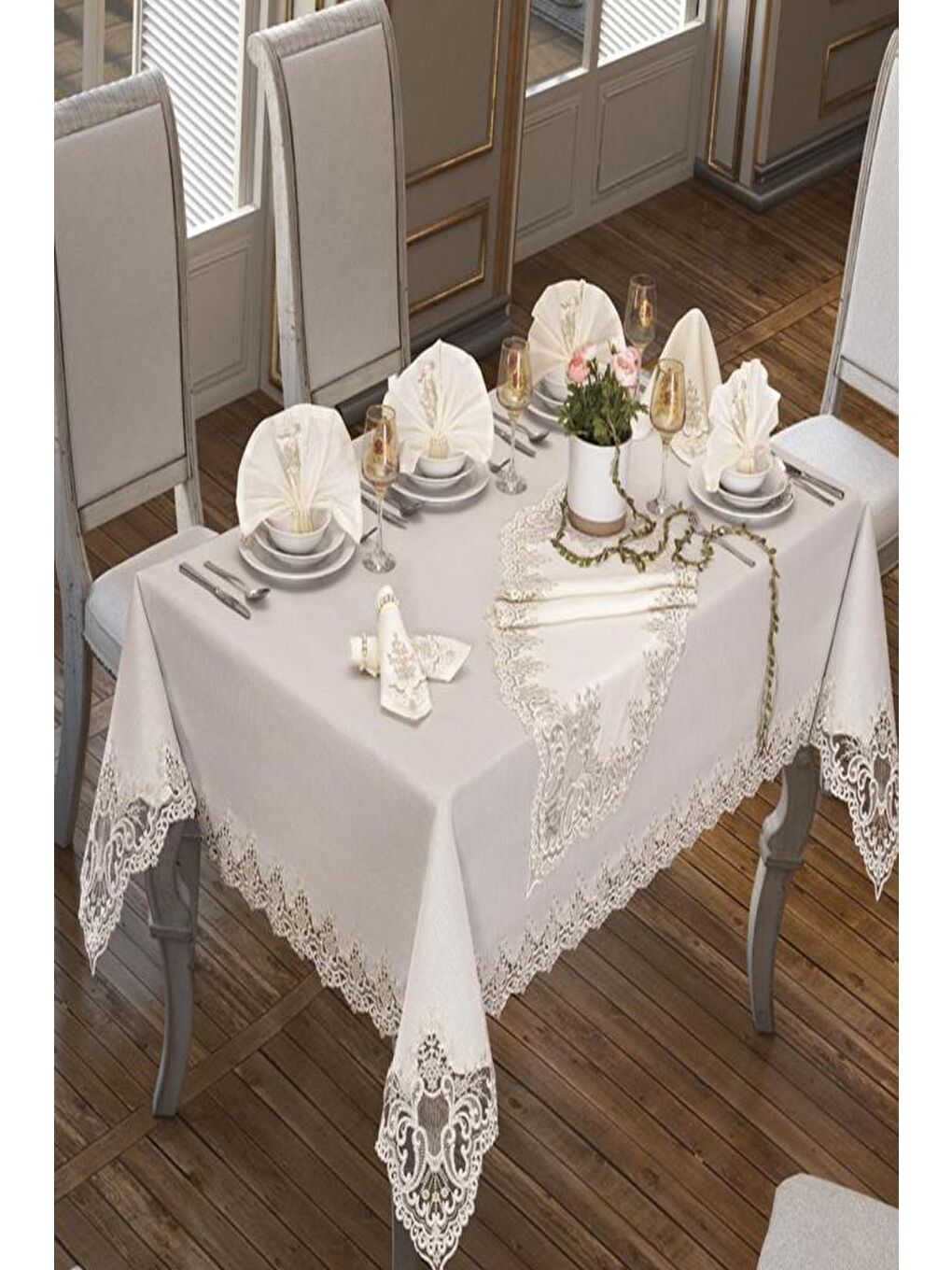 Ekru Sümbül Masa Örtüsü 160x260 Cm 26 Parça Krem-4
