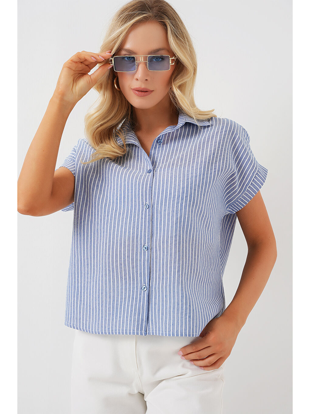 Kadın Çizgili Kısa Kol Gömlek 20324 - İndigo-3