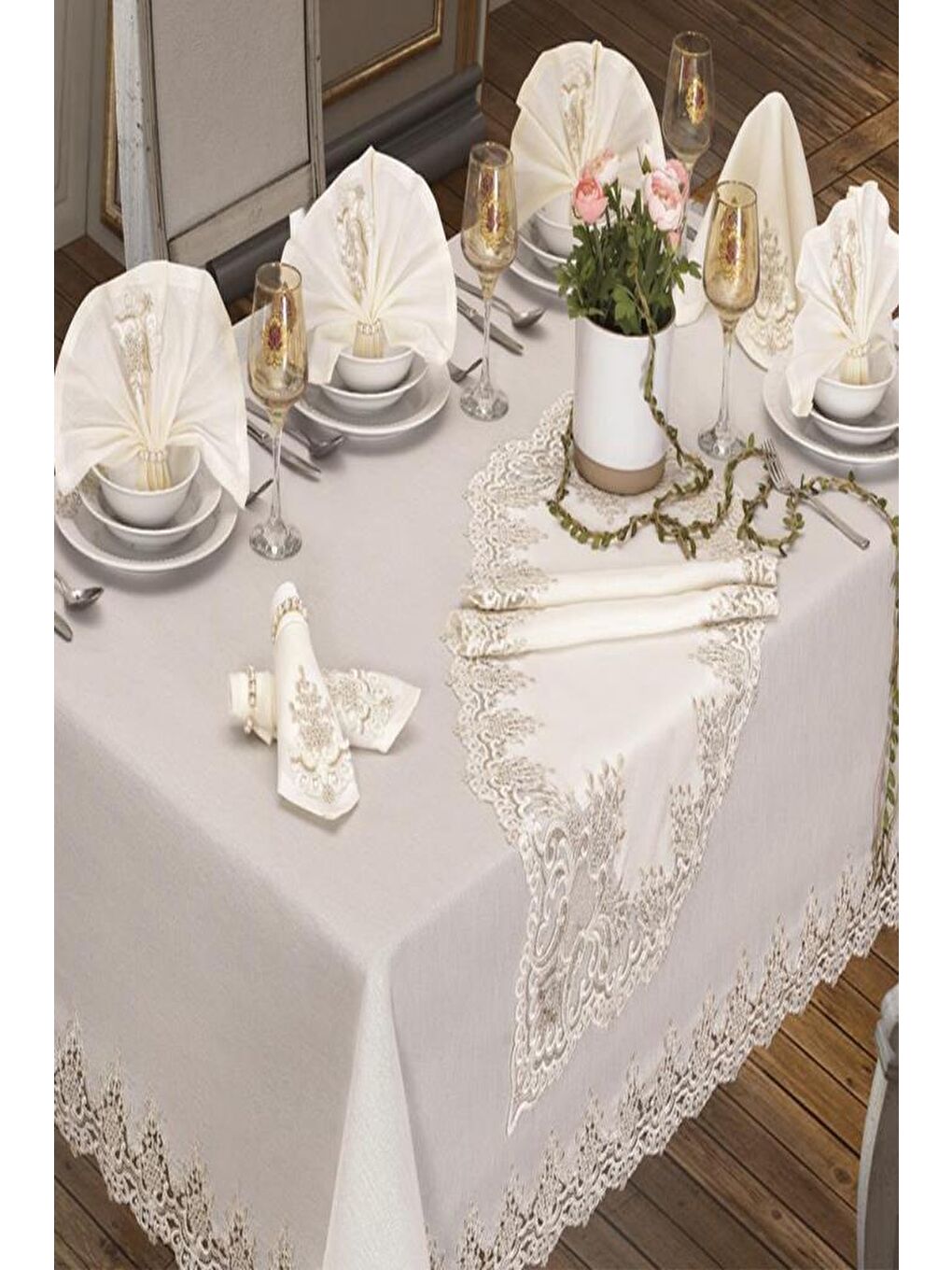 Ekru Sümbül Masa Örtüsü 160x260 Cm 26 Parça Krem-5