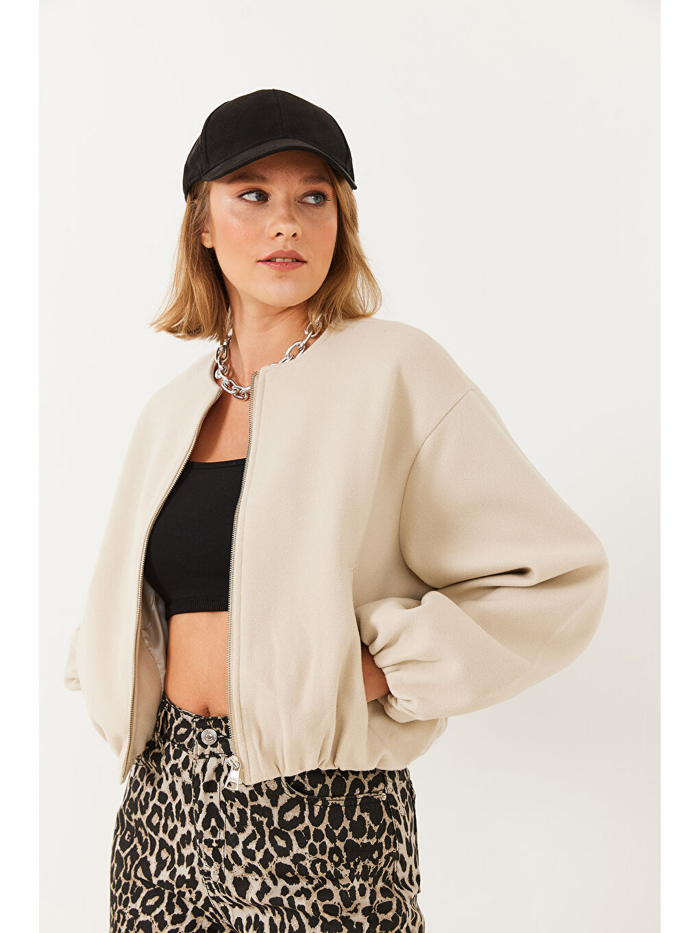 Bej Kadın Lastik Detaylı Bomber Ceket-2