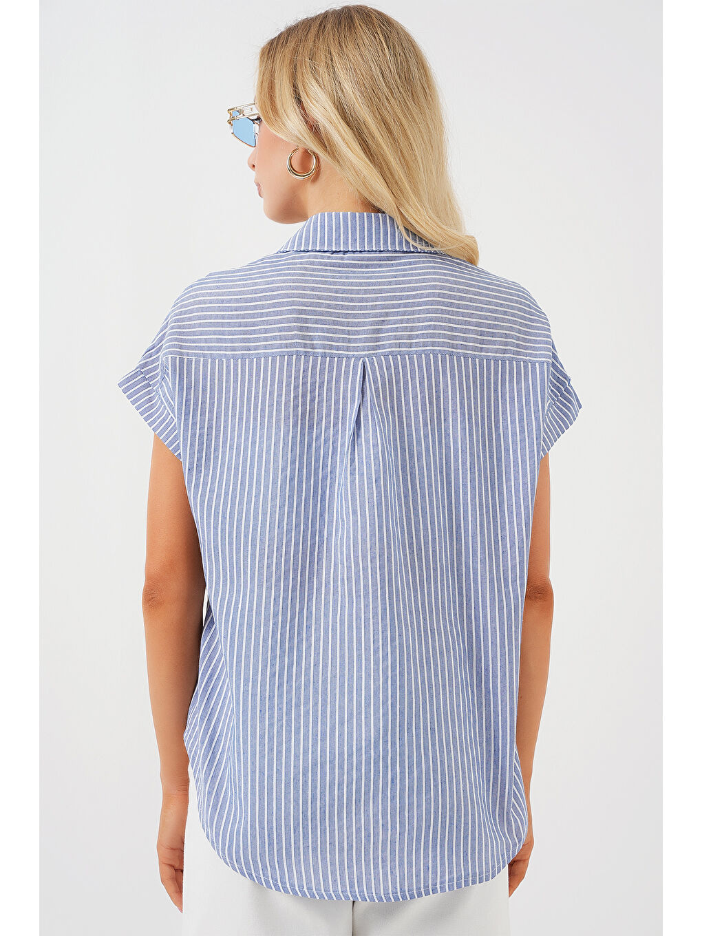 Kadın Çizgili Kısa Kol Gömlek 20324 - İndigo-5