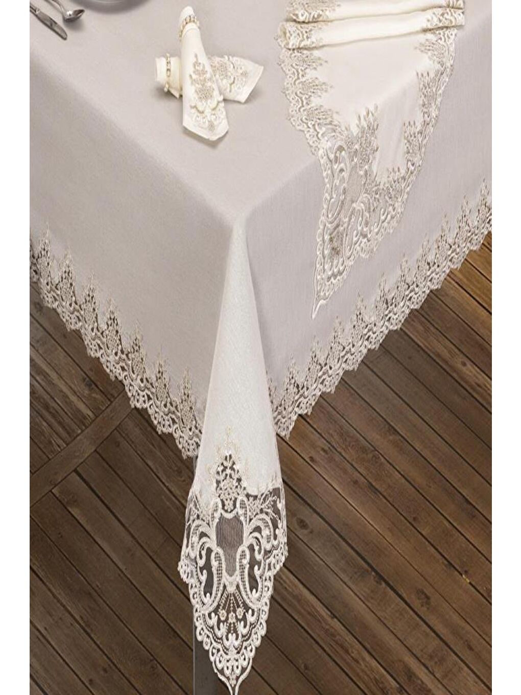 Ekru Sümbül Masa Örtüsü 160x260 Cm 26 Parça Krem-6