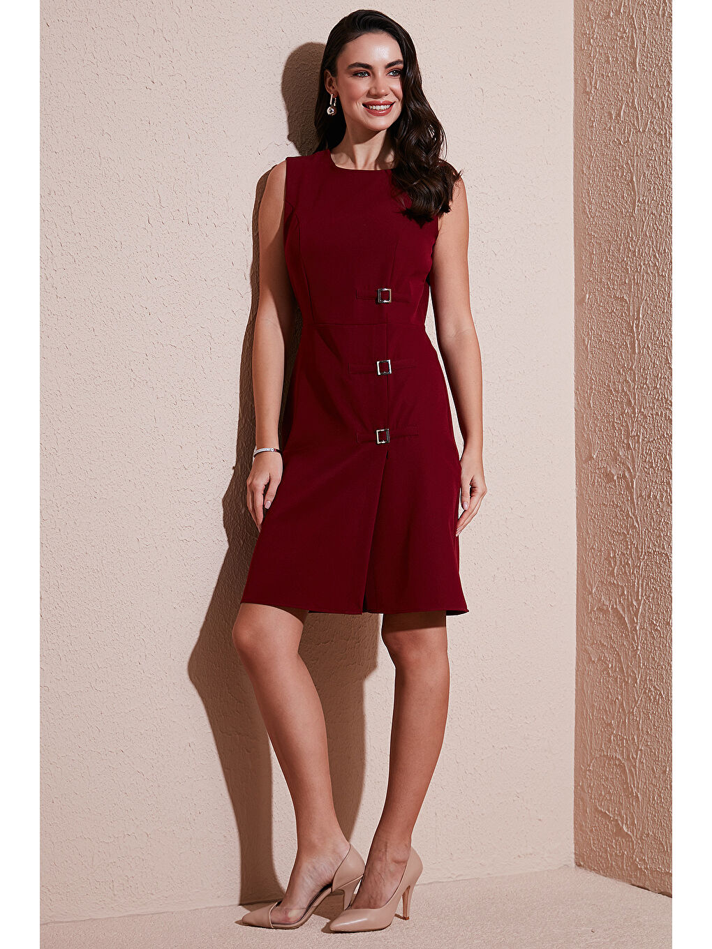 Bordo Standart Fit Kemerli Bisiklet Yaka Mini Kadın Elbise 611El1964