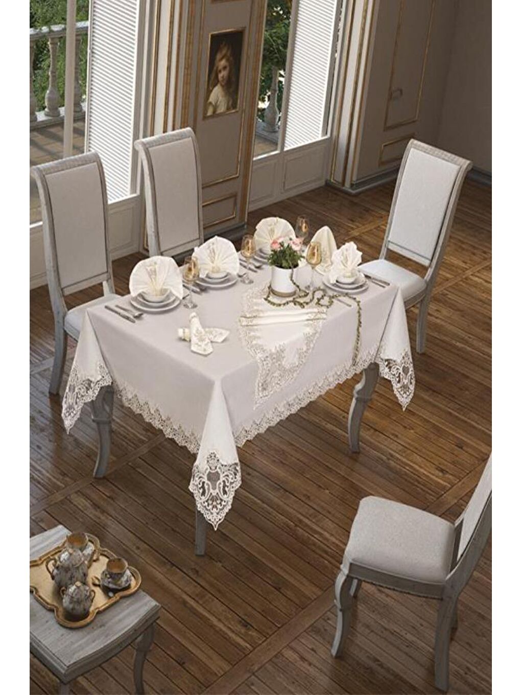 Ekru Sümbül Masa Örtüsü 160x260 Cm 26 Parça Krem-7