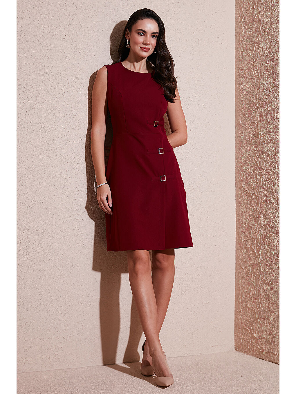 Bordo Standart Fit Kemerli Bisiklet Yaka Mini Kadın Elbise 611El1964-1