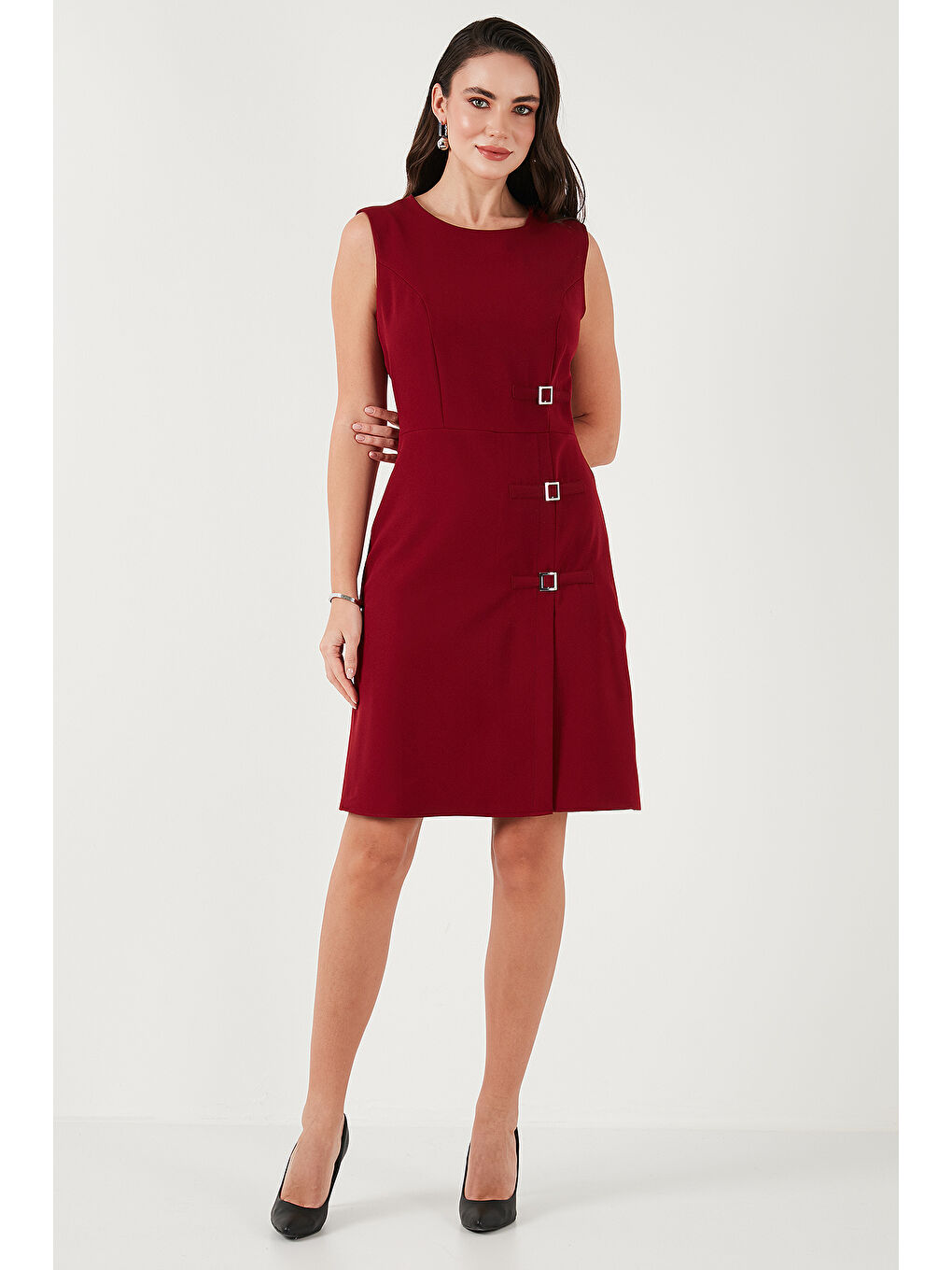 Bordo Standart Fit Kemerli Bisiklet Yaka Mini Kadın Elbise 611El1964-3