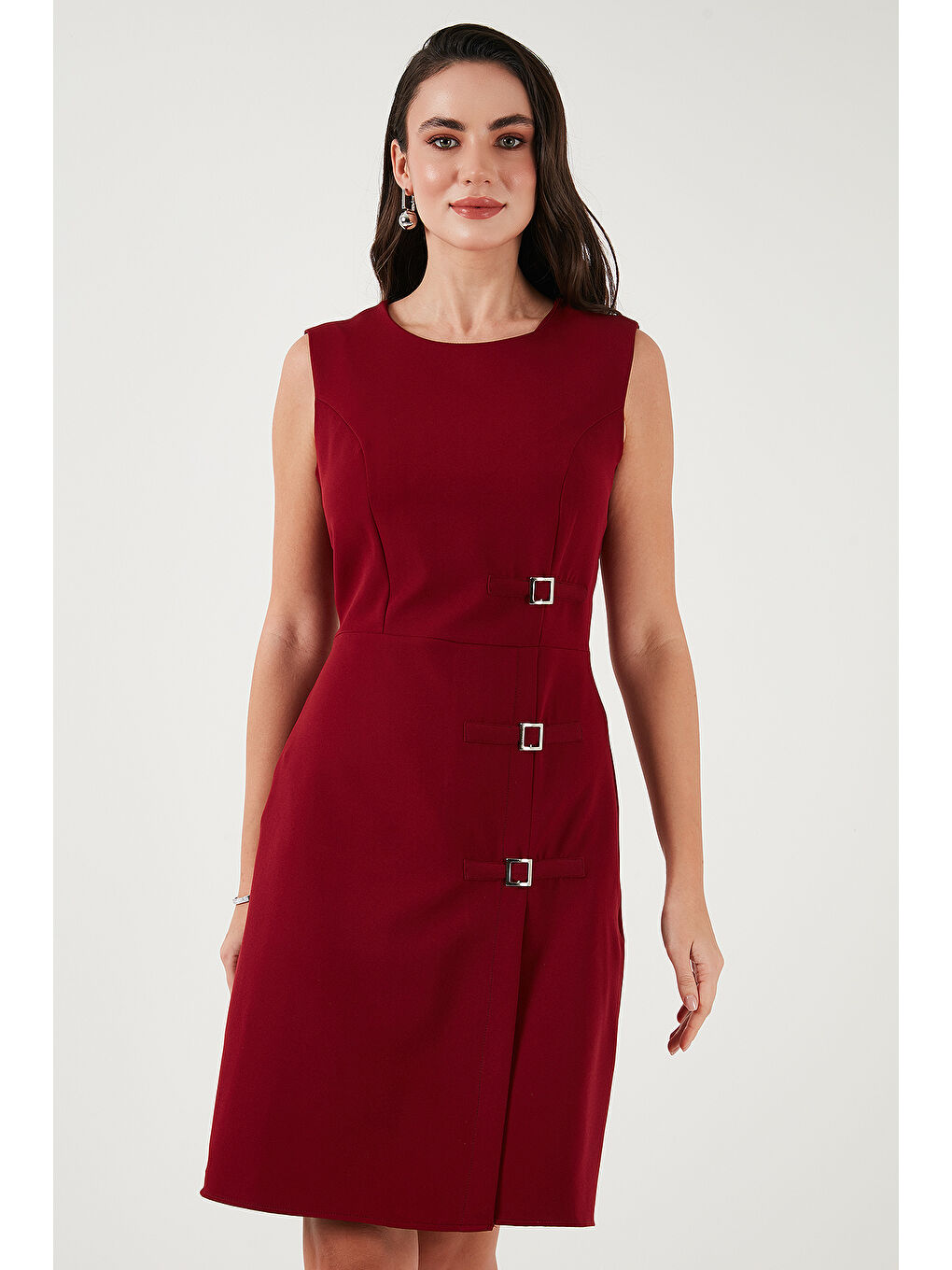 Bordo Standart Fit Kemerli Bisiklet Yaka Mini Kadın Elbise 611El1964-4