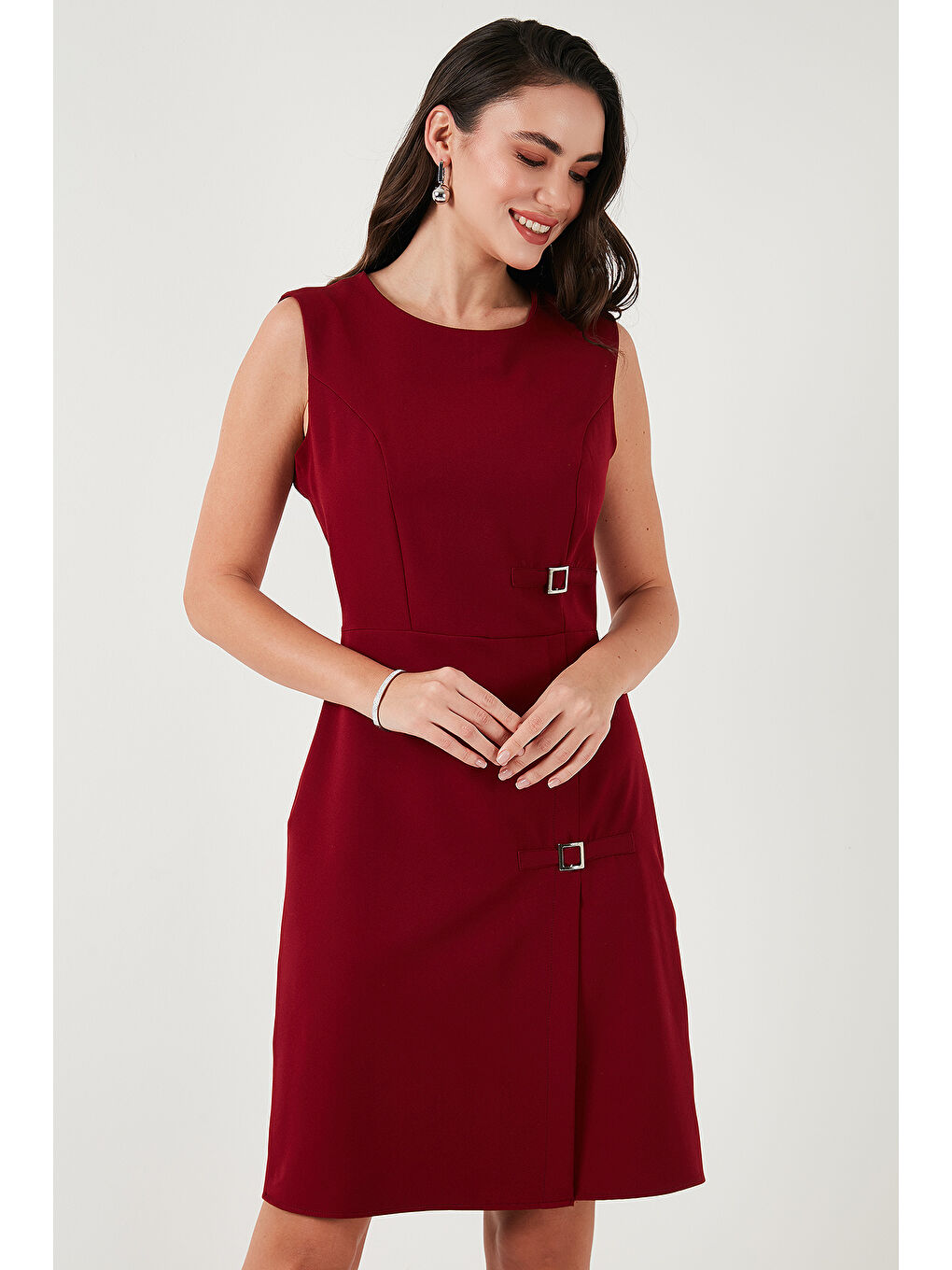 Bordo Standart Fit Kemerli Bisiklet Yaka Mini Kadın Elbise 611El1964-5