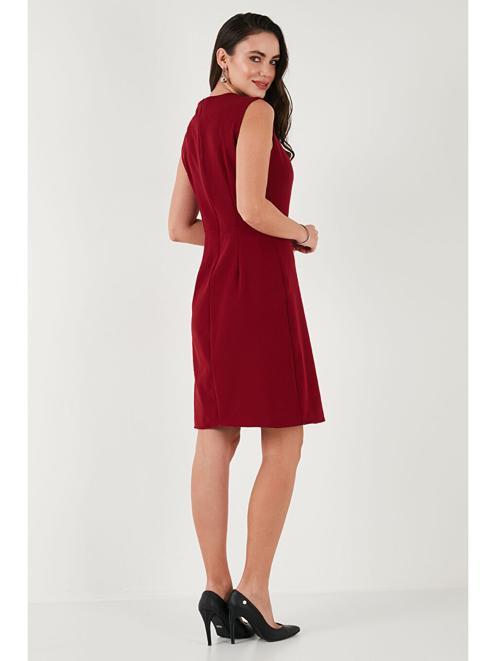 Bordo Standart Fit Kemerli Bisiklet Yaka Mini Kadın Elbise 611El1964-6