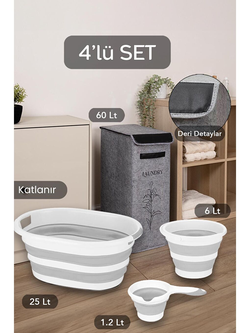 Keçe Kapaklı Çok Amaçlı Çamaşır Sepeti Gri 4'lü set 25x40x60cm-25lt -Su Kovası-Maşrapa