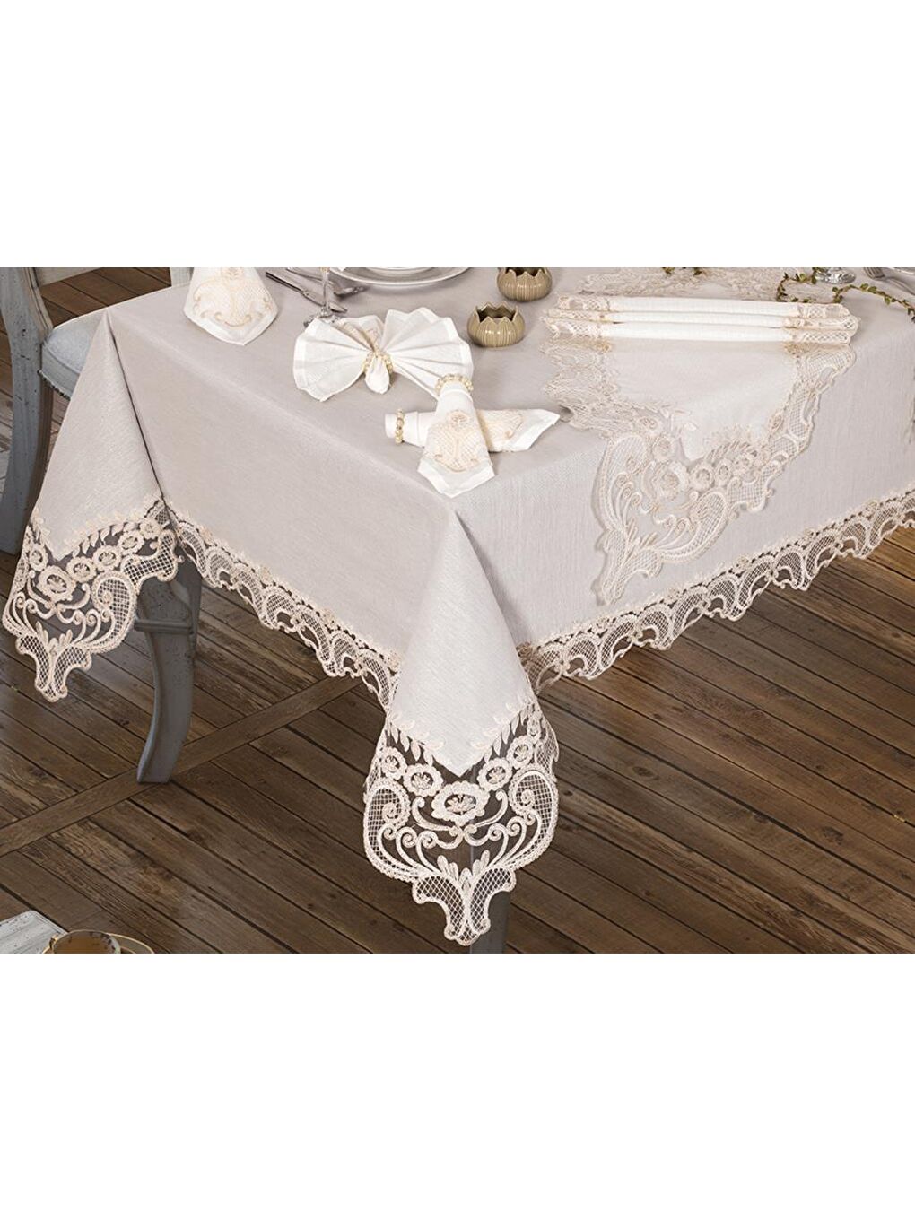 Ekru Fransız Güpürlü Elif Tek Masa Örtüsü Krem-1