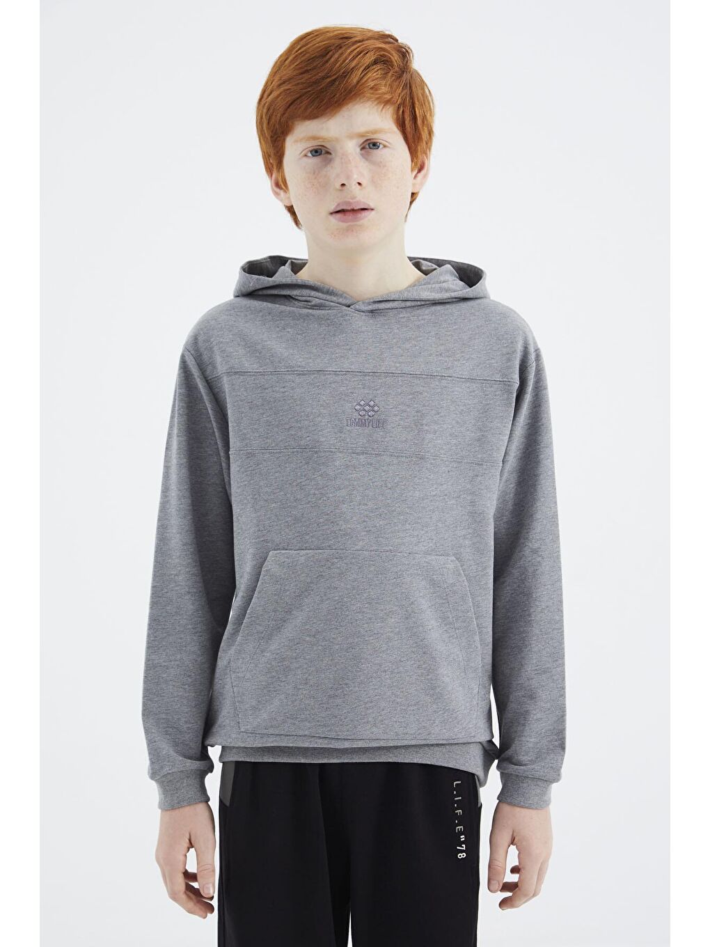 TOMMYLIFE Gri Melanj Kapüşonlu Basic Erkek Çocuk Sweatshirt - 11181