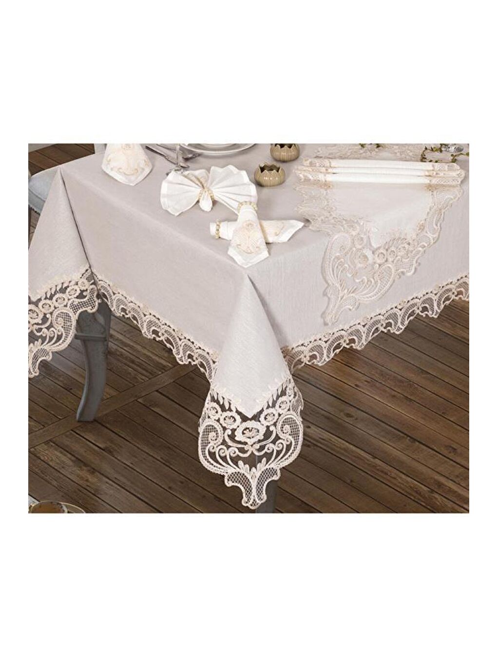 Ekru Fransız Güpürlü Elif Tek Masa Örtüsü Krem-3