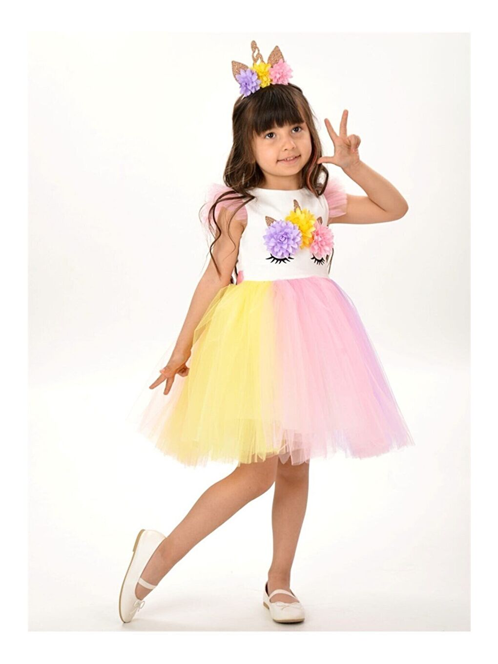 Pembe Kız Çocuk Beyaz Figürlü Taçlı Elbise-1