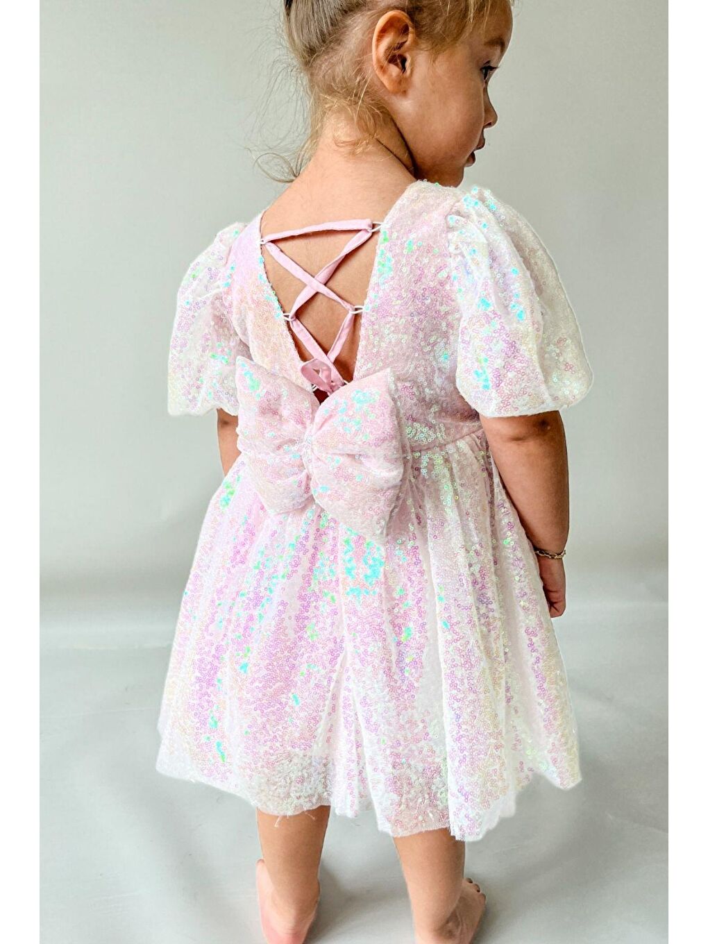 Pembe Kız Çocuk Pul Payetli Özel Düğün Abiye Elbise-1