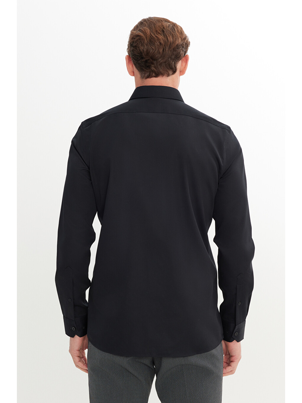 Erkek Siyah Slim Fit Dar Kesim Klasik Yaka %100 Pamuk Ütü Gerektirmeyen Non-Iron Gömlek-4