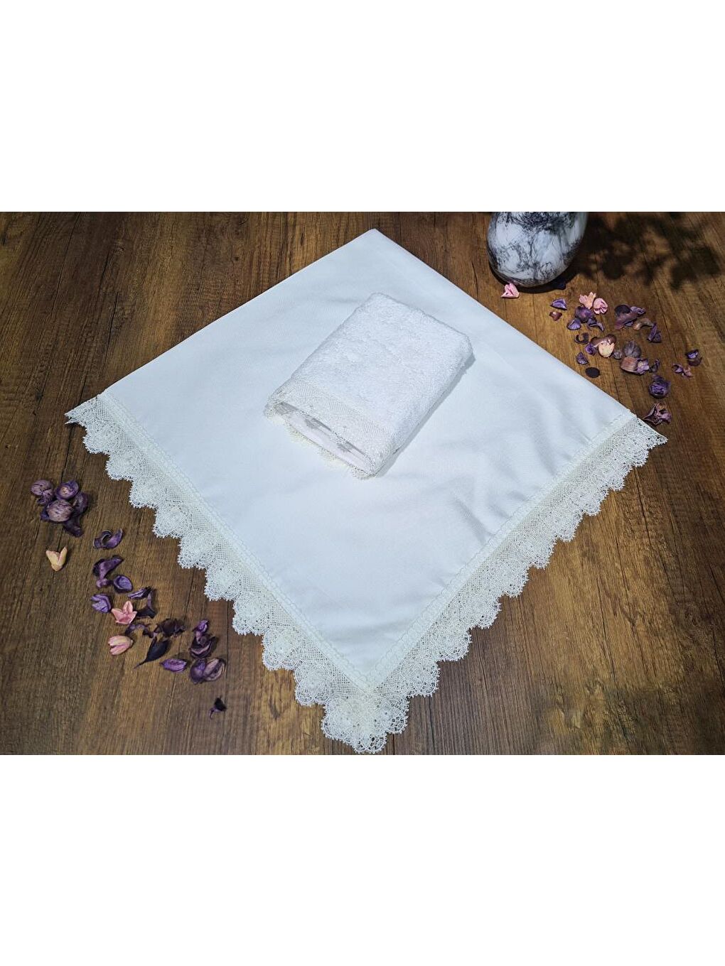 Ekru Fransız Güpürlü Işıltı Havlu Bohça 2li Set Krem