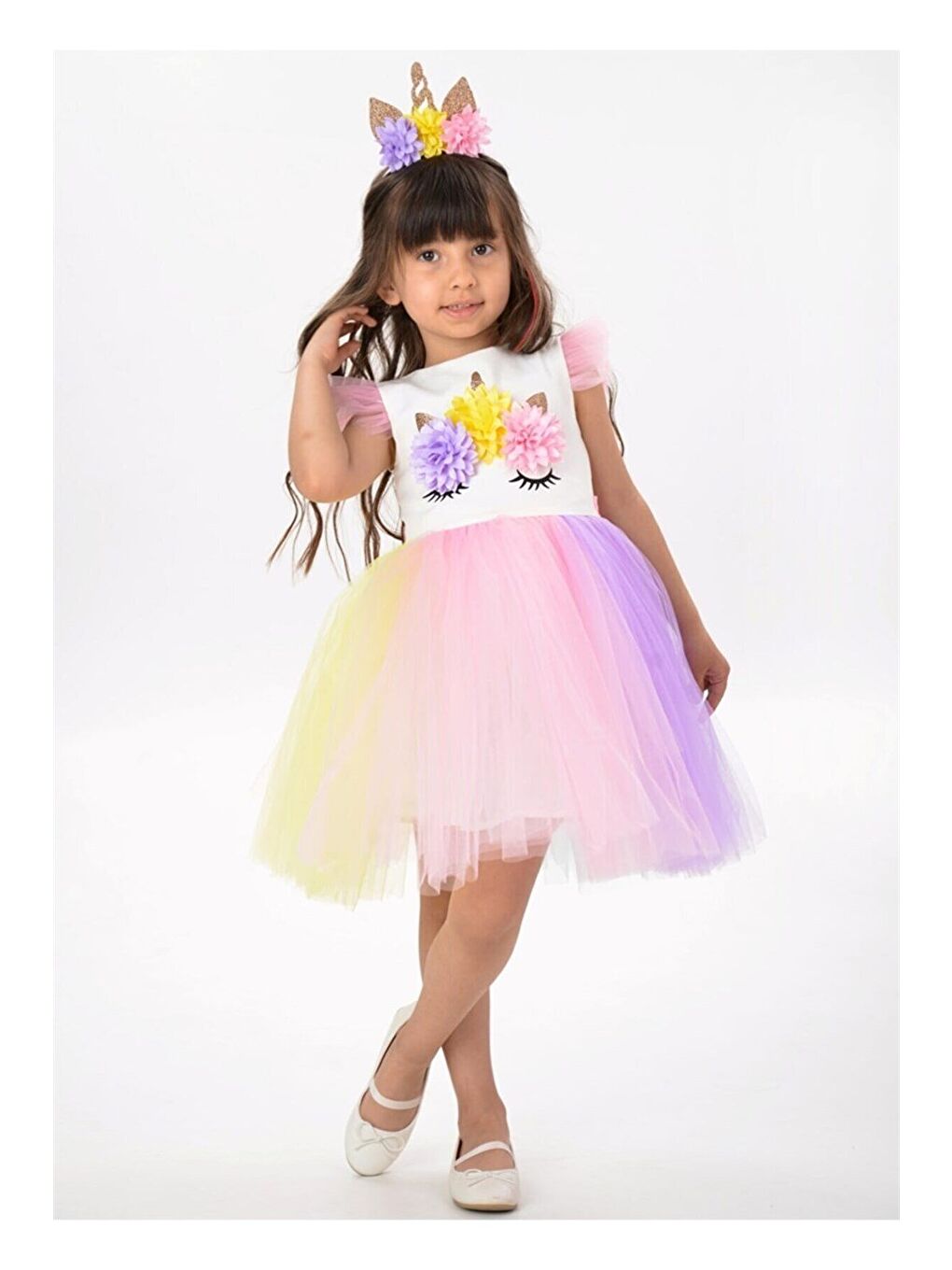 Pembe Kız Çocuk Beyaz Figürlü Taçlı Elbise-3