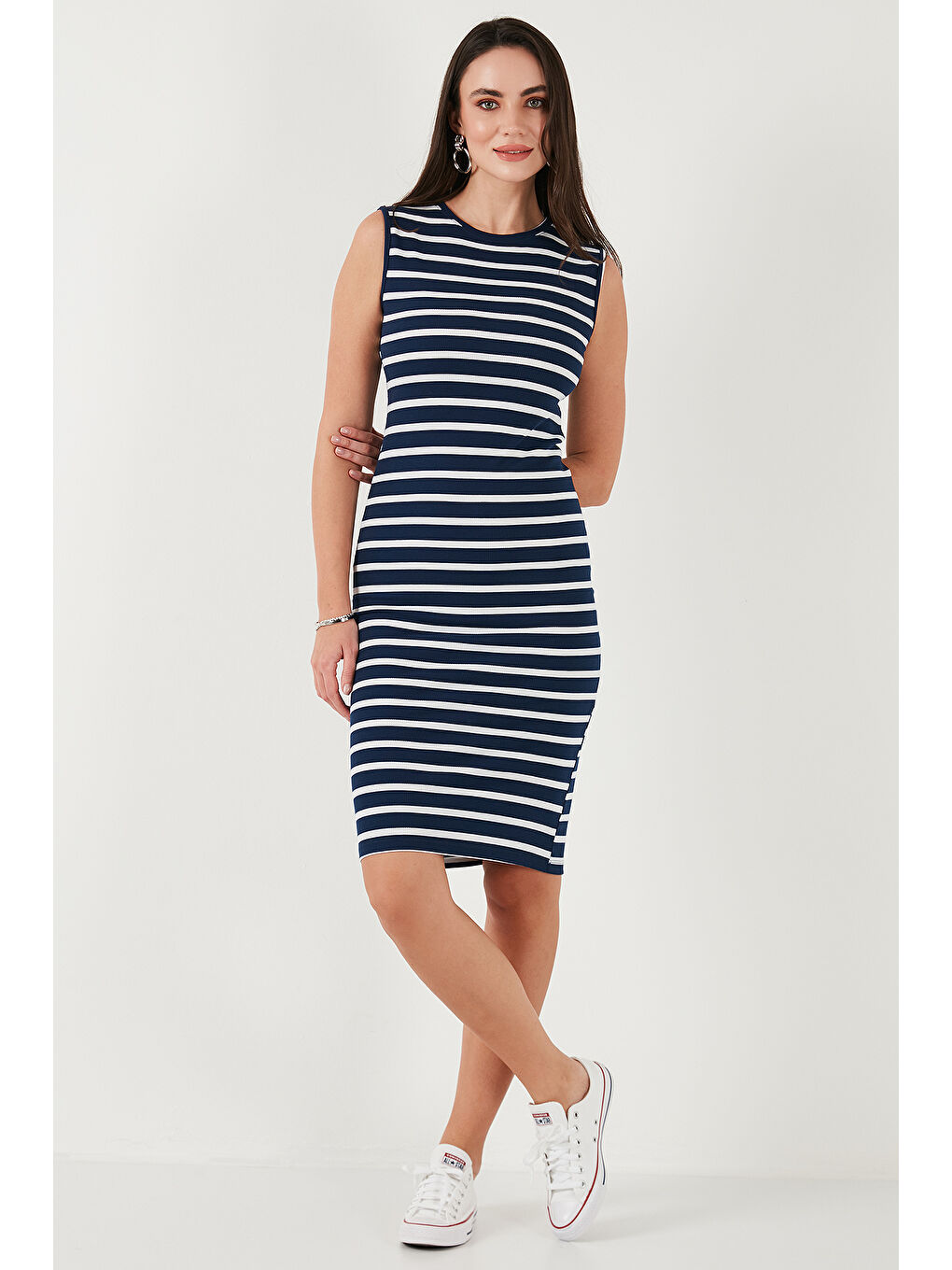 Lacivert Pamuklu Slim Fit Bisiklet Yaka Çizgili Kadın Elbise 5866168-2