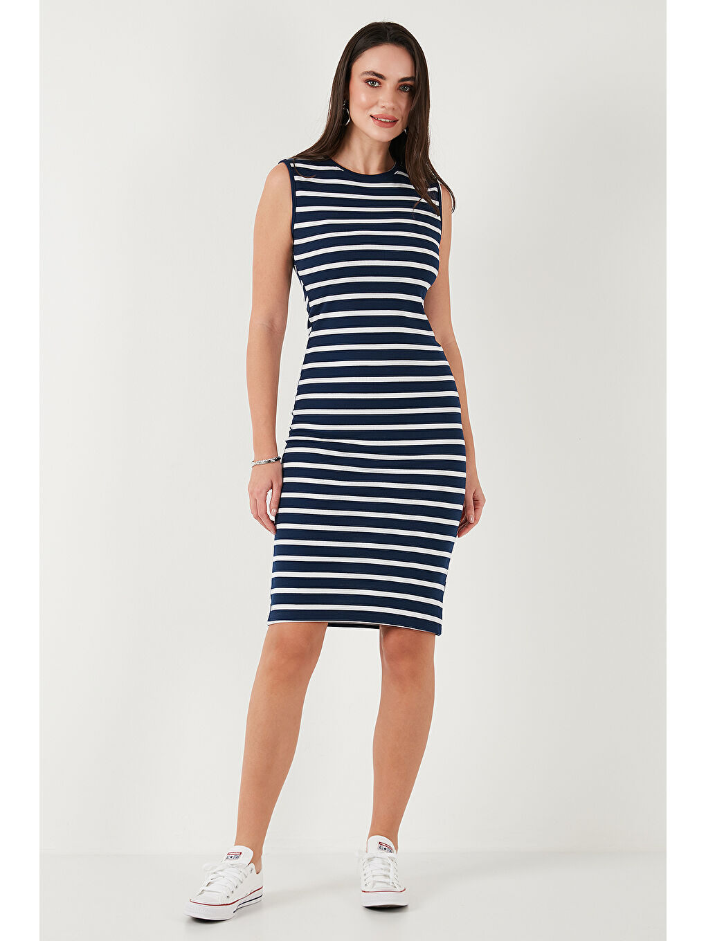Lacivert Pamuklu Slim Fit Bisiklet Yaka Çizgili Kadın Elbise 5866168-3