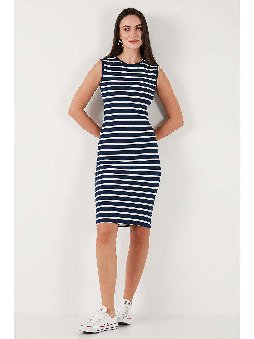 Lacivert Pamuklu Slim Fit Bisiklet Yaka Çizgili Kadın Elbise 5866168-4