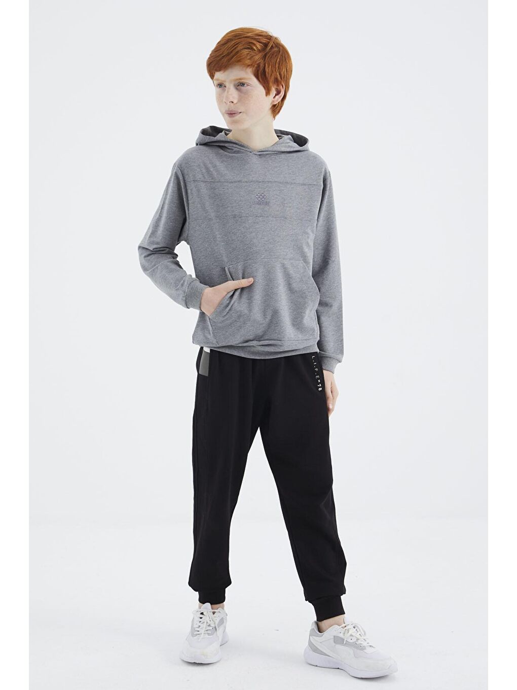 TOMMYLIFE Gri Melanj Kapüşonlu Basic Erkek Çocuk Sweatshirt - 11181 - 3