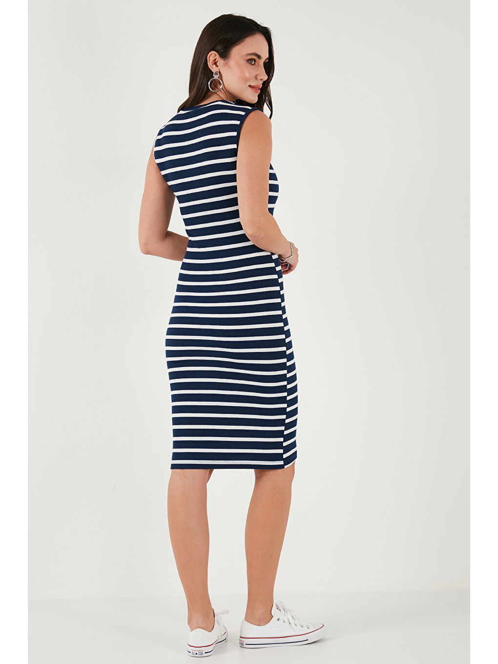 Lacivert Pamuklu Slim Fit Bisiklet Yaka Çizgili Kadın Elbise 5866168-6