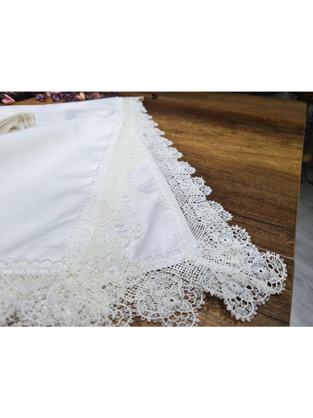 Ekru Fransız Güpürlü Işıltı Havlu Bohça 2li Set Krem-4