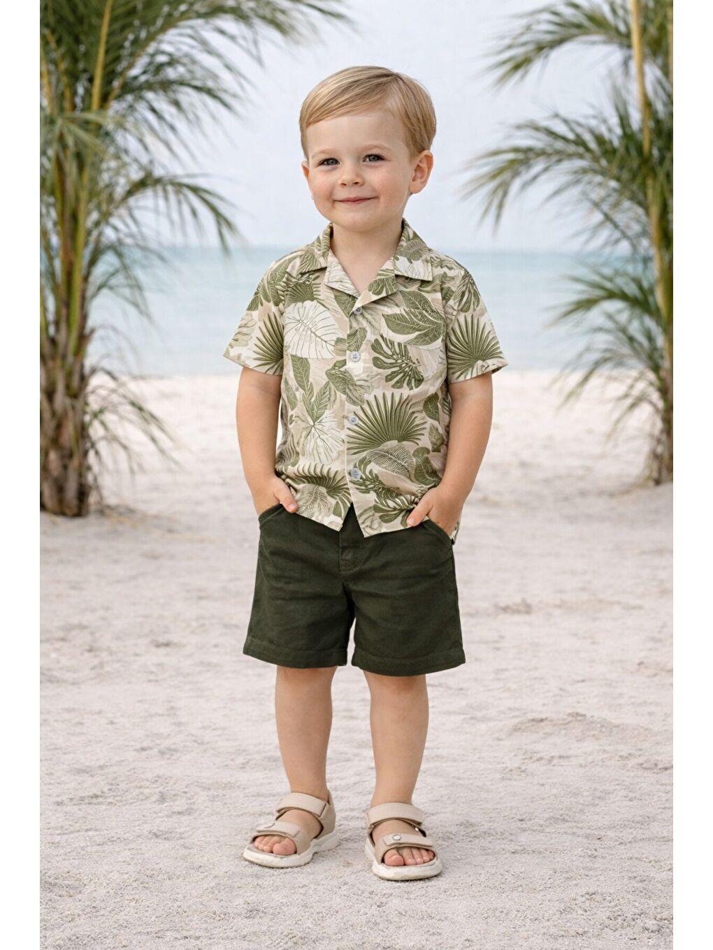 Kahverengi Tarz Yaprak Desenli Gömlek Belden Ayarlanabilir Slopetli Kısa Kollu Şortlu 2'li Takım Çocuk ve