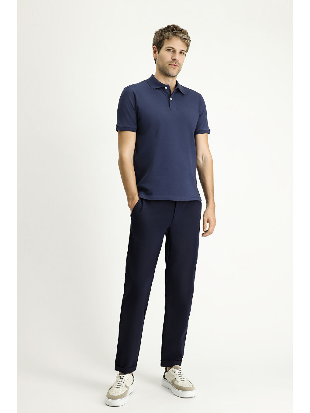 Lacivert Slim Fit Dar Kesim Nakışlı Pamuk Polo Yaka %100 Pamuk Tişört-1