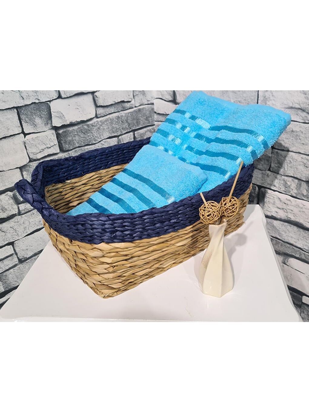 Plain %100 Pamuklu Jakarlı 2 Li Havlu Seti Turkuaz-1