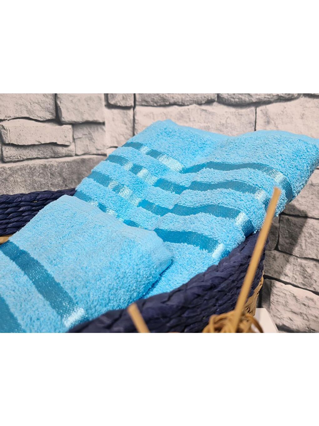 Plain %100 Pamuklu Jakarlı 2 Li Havlu Seti Turkuaz-2