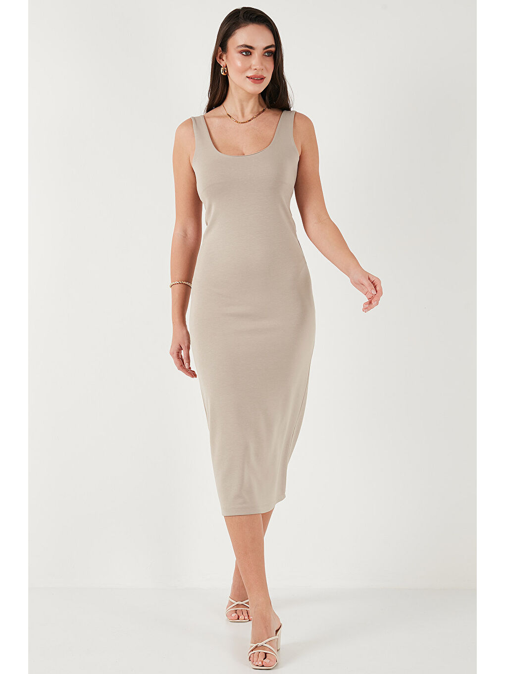Bej Slim Fit Kalın Askılı Midi Kadın Elbise 5866154-1