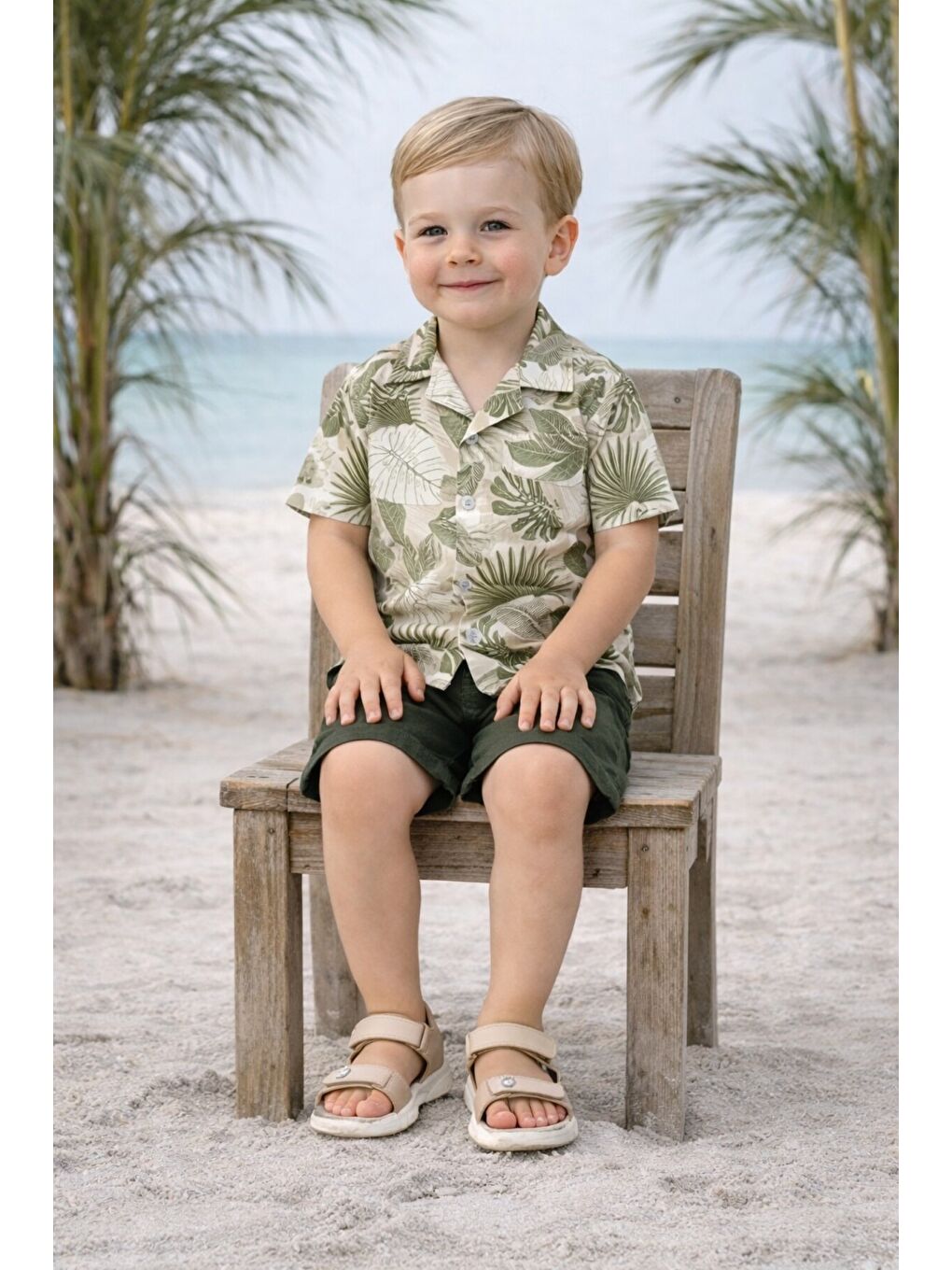 Kahverengi Tarz Yaprak Desenli Gömlek Belden Ayarlanabilir Slopetli Kısa Kollu Şortlu 2'li Takım Çocuk ve-1