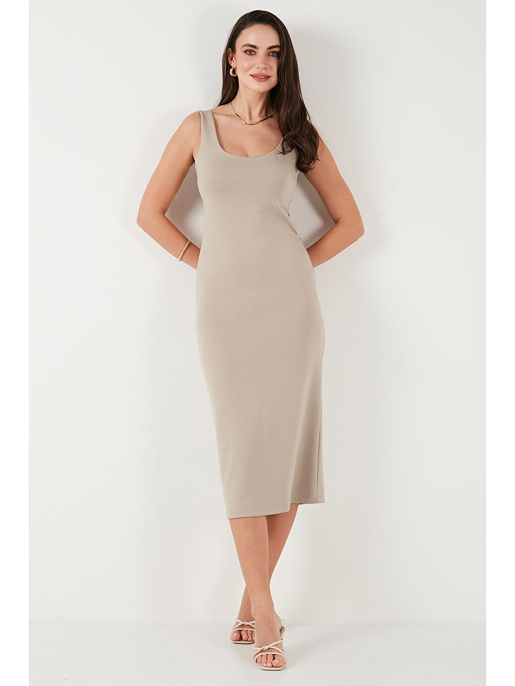 Bej Slim Fit Kalın Askılı Midi Kadın Elbise 5866154-3