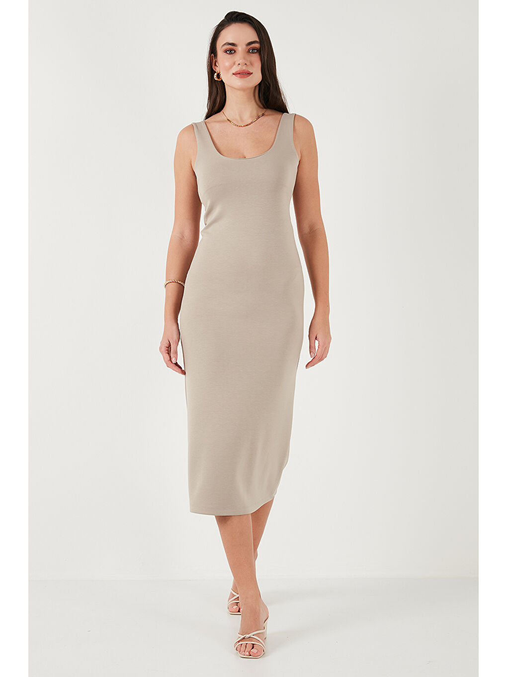 Bej Slim Fit Kalın Askılı Midi Kadın Elbise 5866154-5