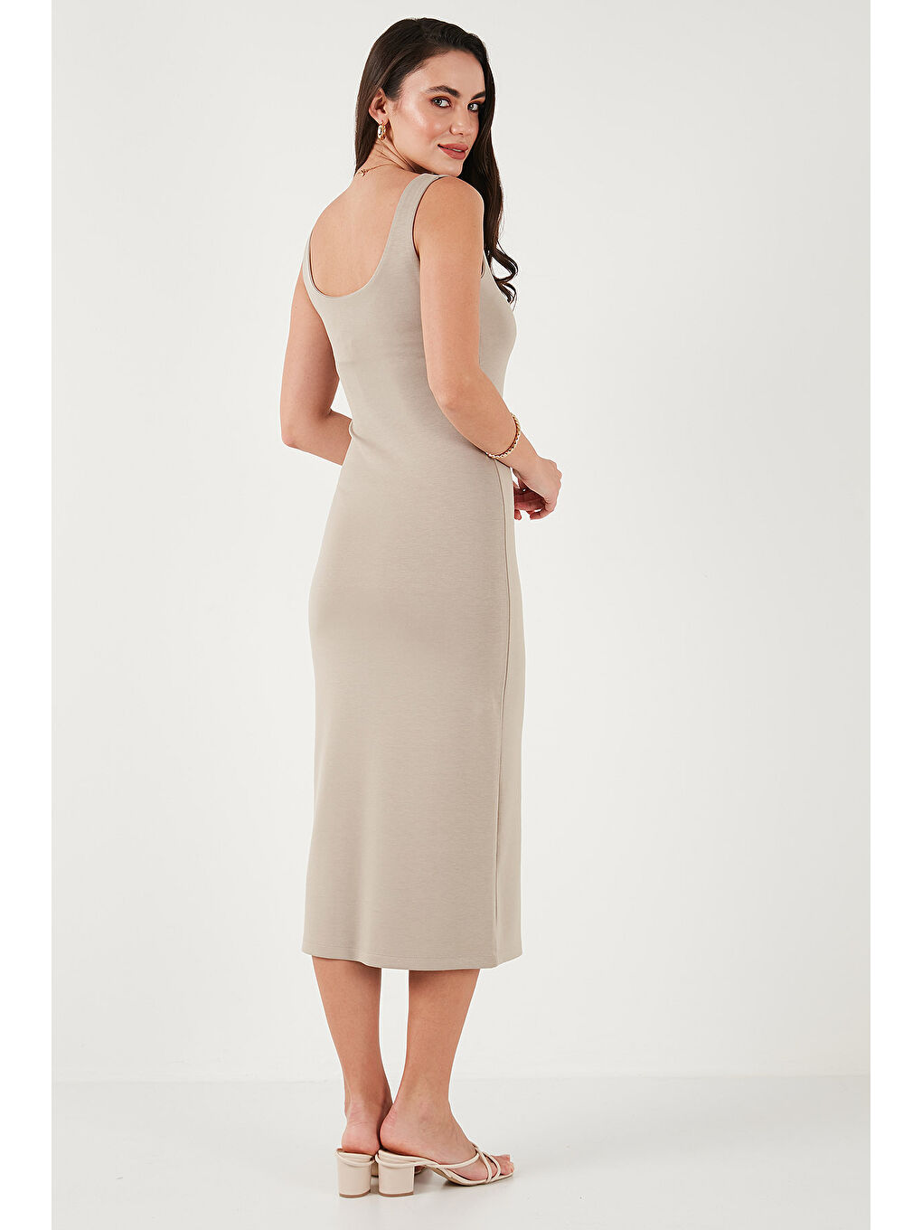 Bej Slim Fit Kalın Askılı Midi Kadın Elbise 5866154-6