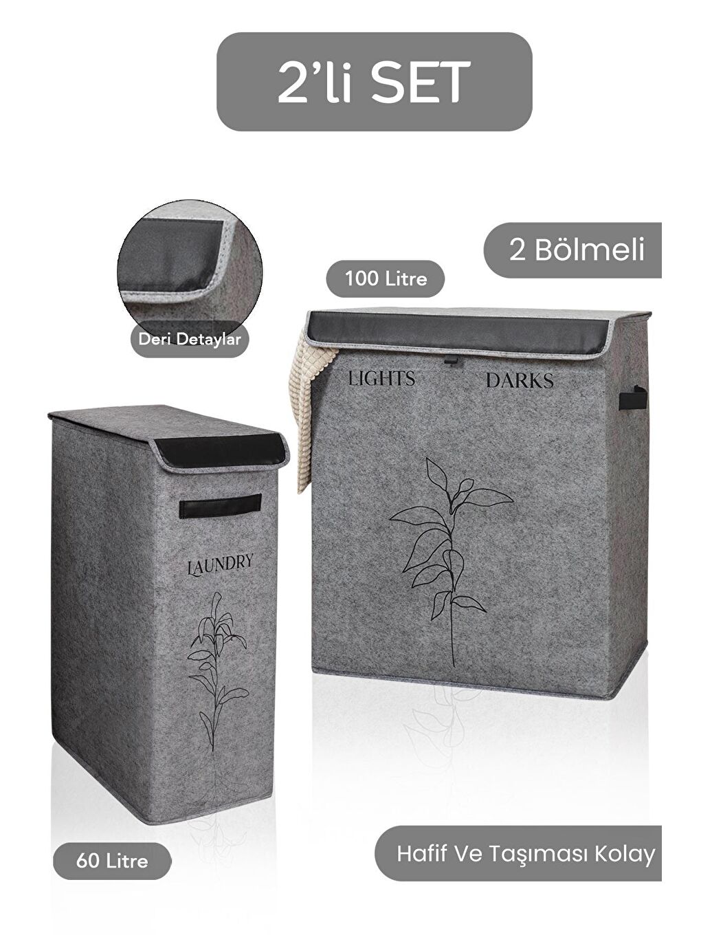 Keçe 2 Boy Çamaşır Kirli Sepeti Çok Amaçlı Oyuncak Organizer Kapaklı Sepet Gri 25x40x60cm-53x33x60cm