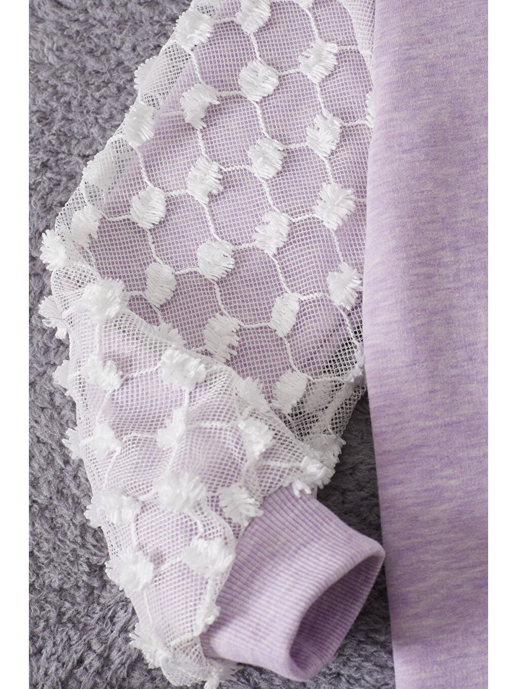 Lila Papatya Nakışlı Kolları Dantelli Kız Çocuk Sweatshirt 17168-1