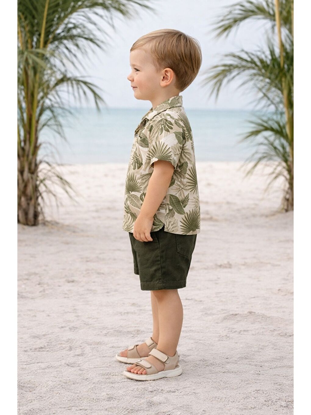 Kahverengi Tarz Yaprak Desenli Gömlek Belden Ayarlanabilir Slopetli Kısa Kollu Şortlu 2'li Takım Çocuk ve-2