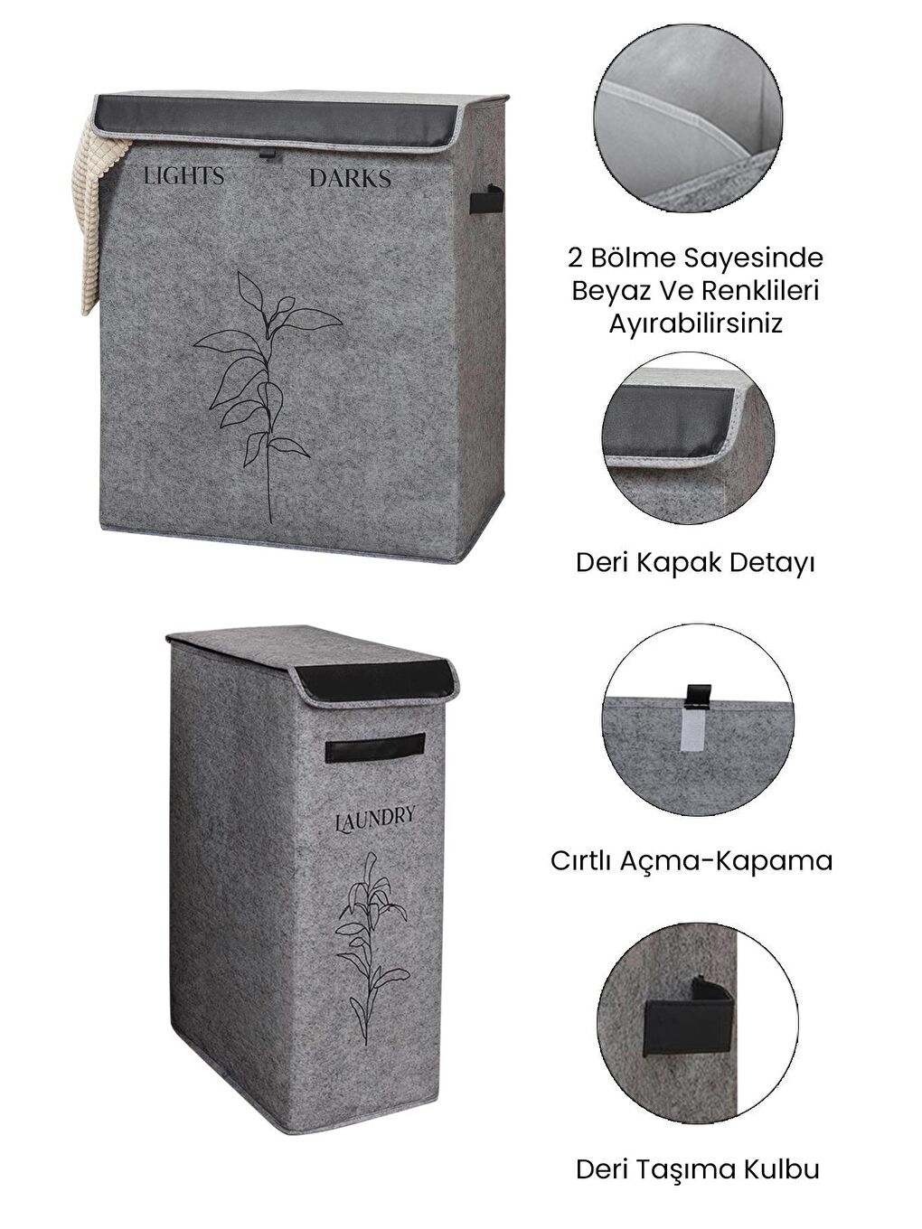 Keçe 2 Boy Çamaşır Kirli Sepeti Çok Amaçlı Oyuncak Organizer Kapaklı Sepet Gri 25x40x60cm-53x33x60cm-1