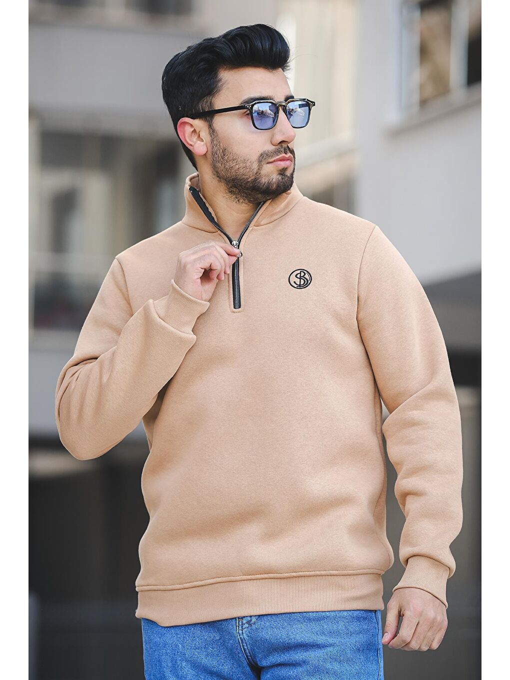 Oksit Kahverengi Sezza Üç İplik Şardonlu Nakışlı Fermuarlı Dik Yaka Slim Fit Erkek Sweatshirt