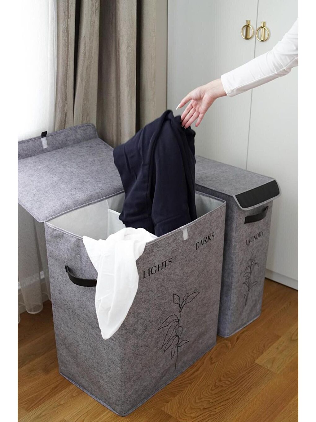 Keçe 2 Boy Çamaşır Kirli Sepeti Çok Amaçlı Oyuncak Organizer Kapaklı Sepet Gri 25x40x60cm-53x33x60cm-2