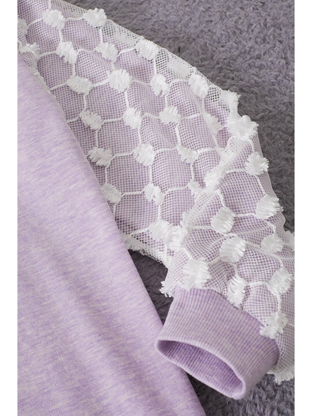 Lila Papatya Nakışlı Kolları Dantelli Kız Çocuk Sweatshirt 17168-3