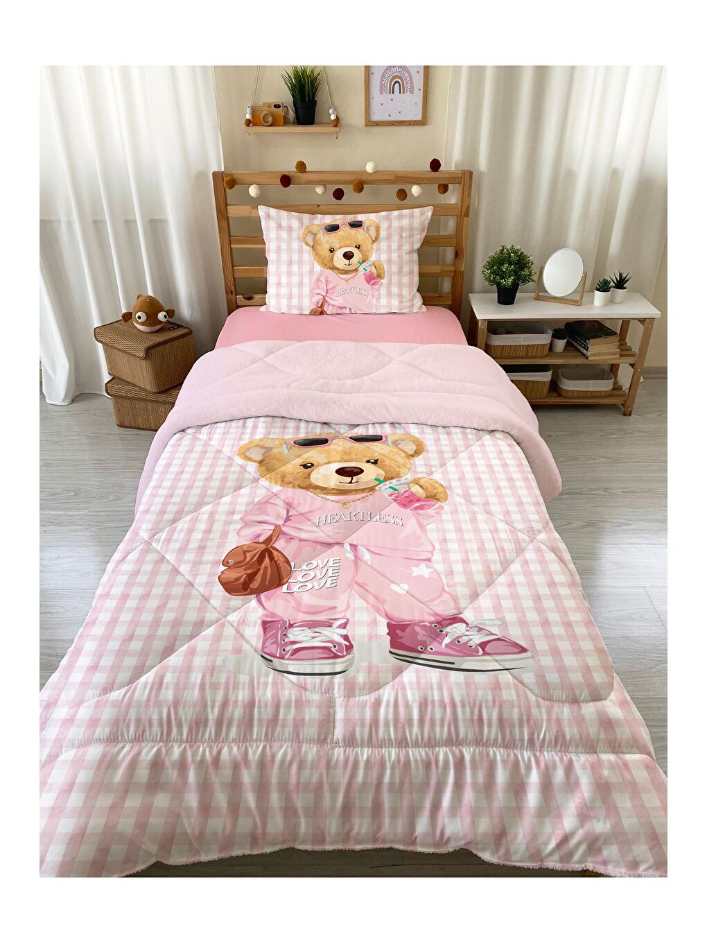 EVMİLA Karışık Tek Kişilik Teddy Desen 160x220 Cm Welsoft Çift Taraflı Silikon Yorgan Ve Uyku Seti