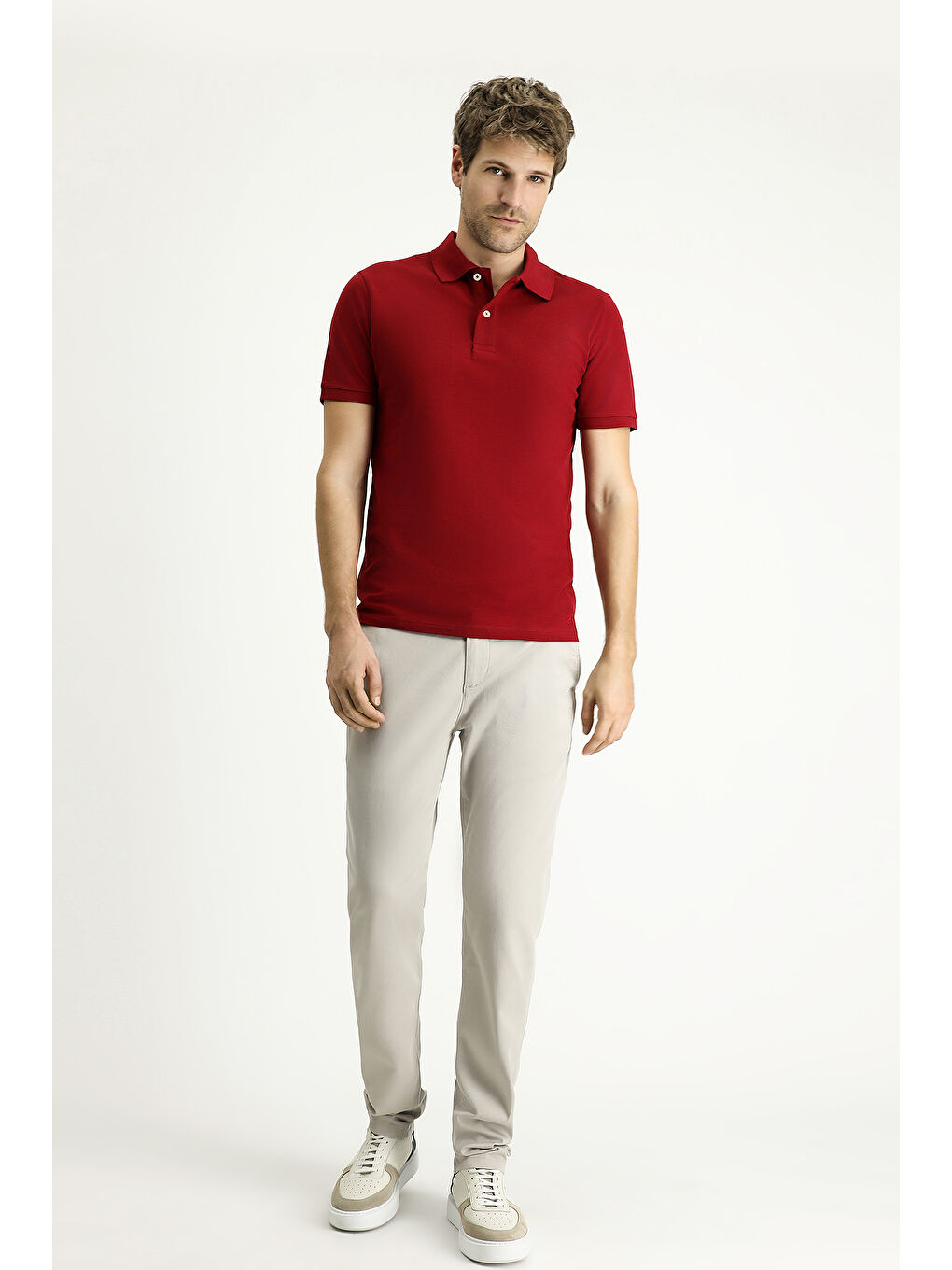 Kırmızı Slim Fit Dar Kesim Nakışlı Pamuk Polo Yaka %100 Pamuk Tişört-1