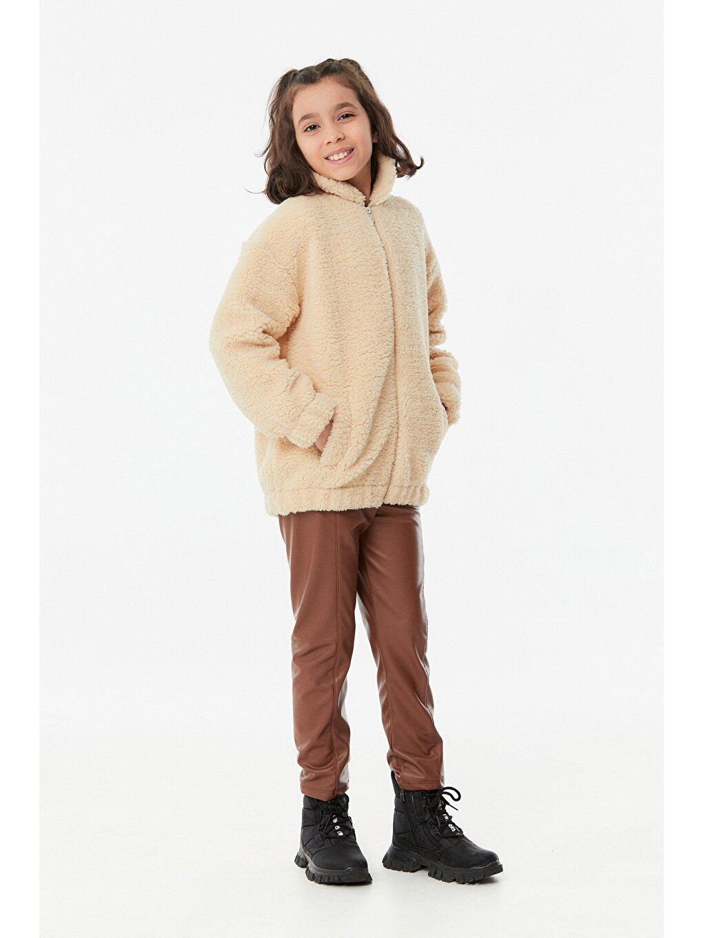 Bej Fermuarlı Kız Çocuk Peluş  Mont-1
