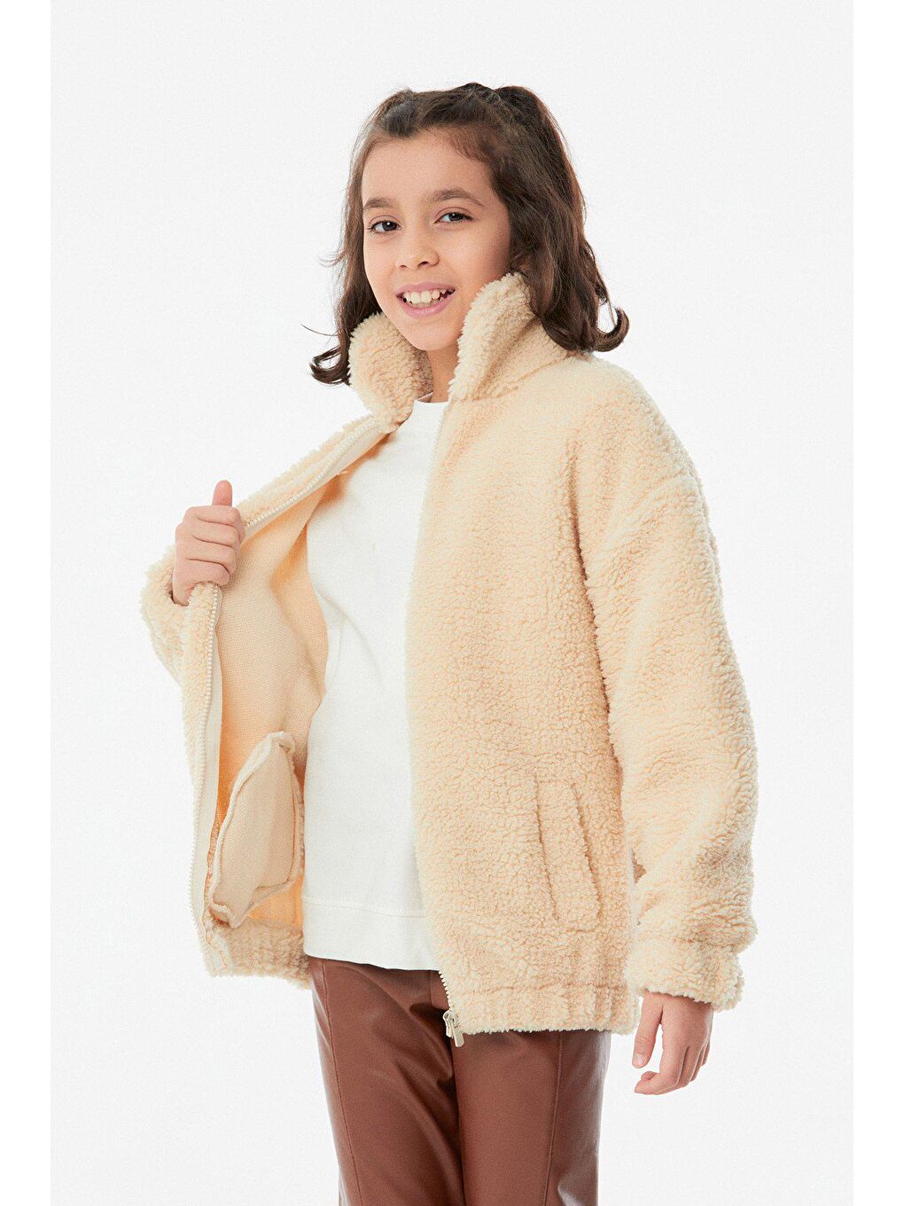 Bej Fermuarlı Kız Çocuk Peluş  Mont-2