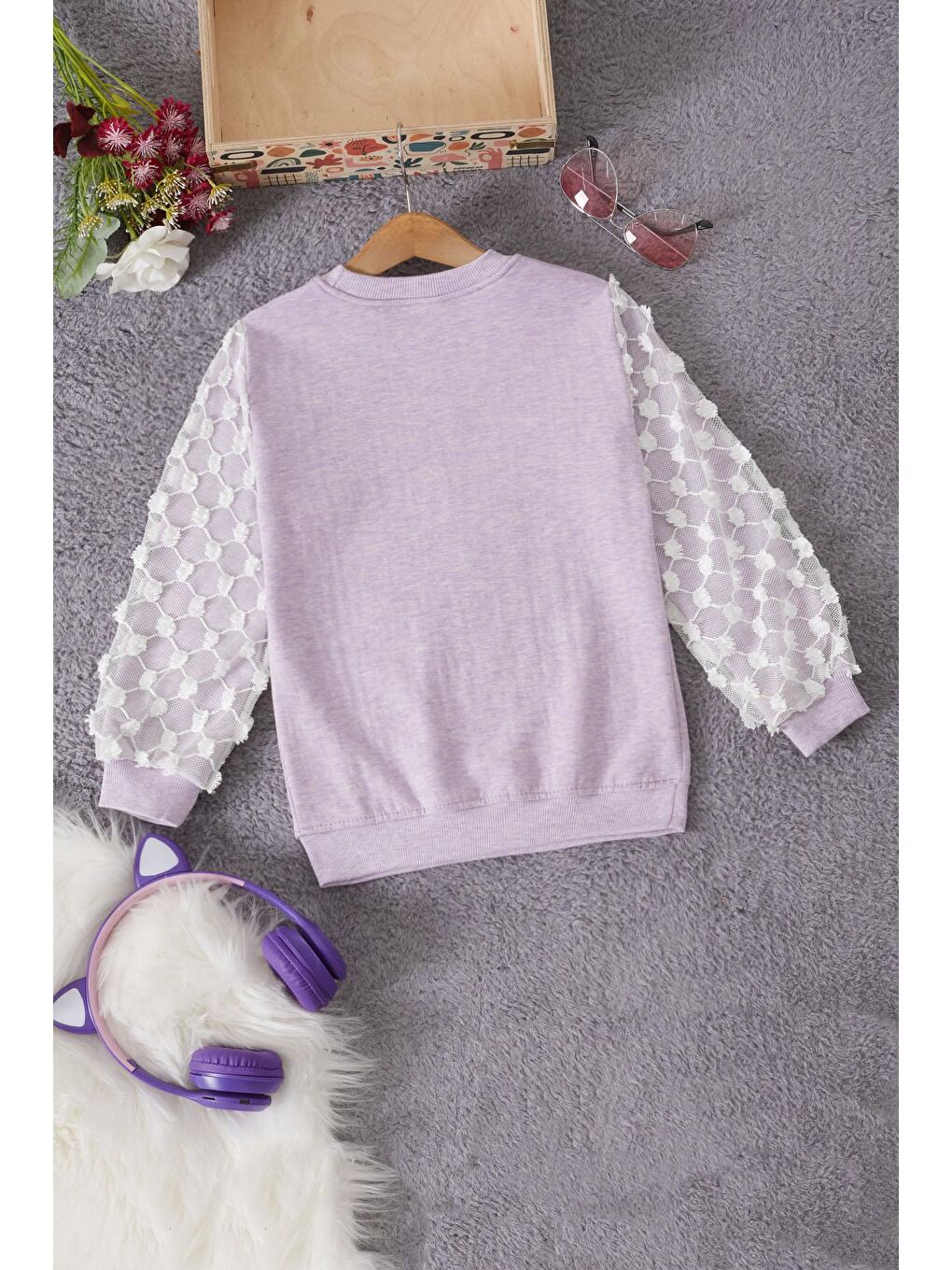 Lila Papatya Nakışlı Kolları Dantelli Kız Çocuk Sweatshirt 17168-4