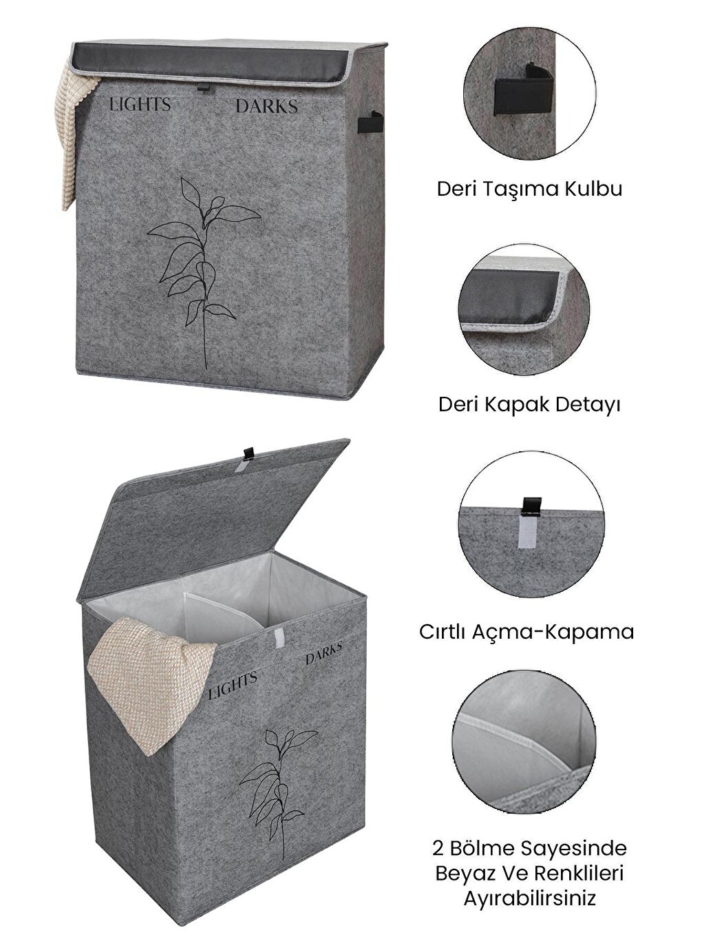 2Bölmeli Çamaşır Sepeti Çok Amaçlı Saklama Hurç Gri 53x33x60cm-25lt Katlanır 2'li Set-1